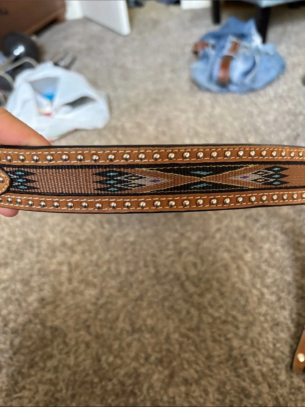 Women's Tan Leather Belt with Navy and Cream Woven Detail